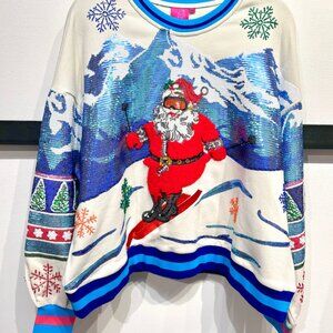 NEW QUEEN OF SPARKLES CHRISTMAS White & Blue Vintage Skiing Santa Sweatshirt